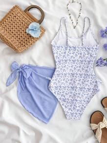 SHEIN Teen Girls Blue White Vacation Ditsy Floral Side Bow Decor Casual One-Piece Swimsuit With Cover-Up Skirt Beach Outfit Tween Swimsuit Blue Floral Tween Swimsuit Set Two Piece Swimsuit With Cover Up Blue And White Floral Swimsuit - Blue and White - View 2
