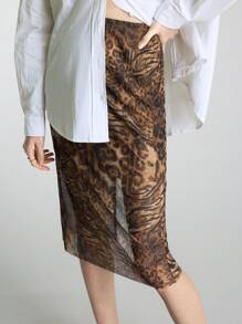 Ontre 女士弹性腰部豹纹和斑马纹半身裙，时尚日常穿着、通勤装、办公室女士装，春秋季 - 彩色 - 查看 8