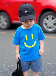 2pcs/Set Baby Boys Blue And Yellow Striped Summer Outfit,Cute Funny Face Print T-Shirt & Wash Denim Shorts,City Break Casual Clothes For 6M-3T Toddler - Multicolor - View 4