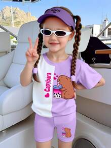 Bộ đồ thời trang cho bé gái mới biết đi, hoạt hình sáng tạo dễ thương màu xanh lam, tách trà sữa Boba & họa tiết Alpaca, khối màu, áo ngắn tay cơ bản, đơn giản & quần short biker - Nhiều màu - Xem 4