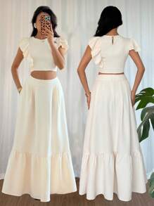 Elenzga 2pcs/Set: Asymmetrical Ruffle Hem Blouse And Skirt Set - Apricot - View 4