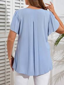 EMERY ROSE 大码女式纯色V领花瓣短袖休闲衬衫，夏季 - 薄荷藍 - 查看 2