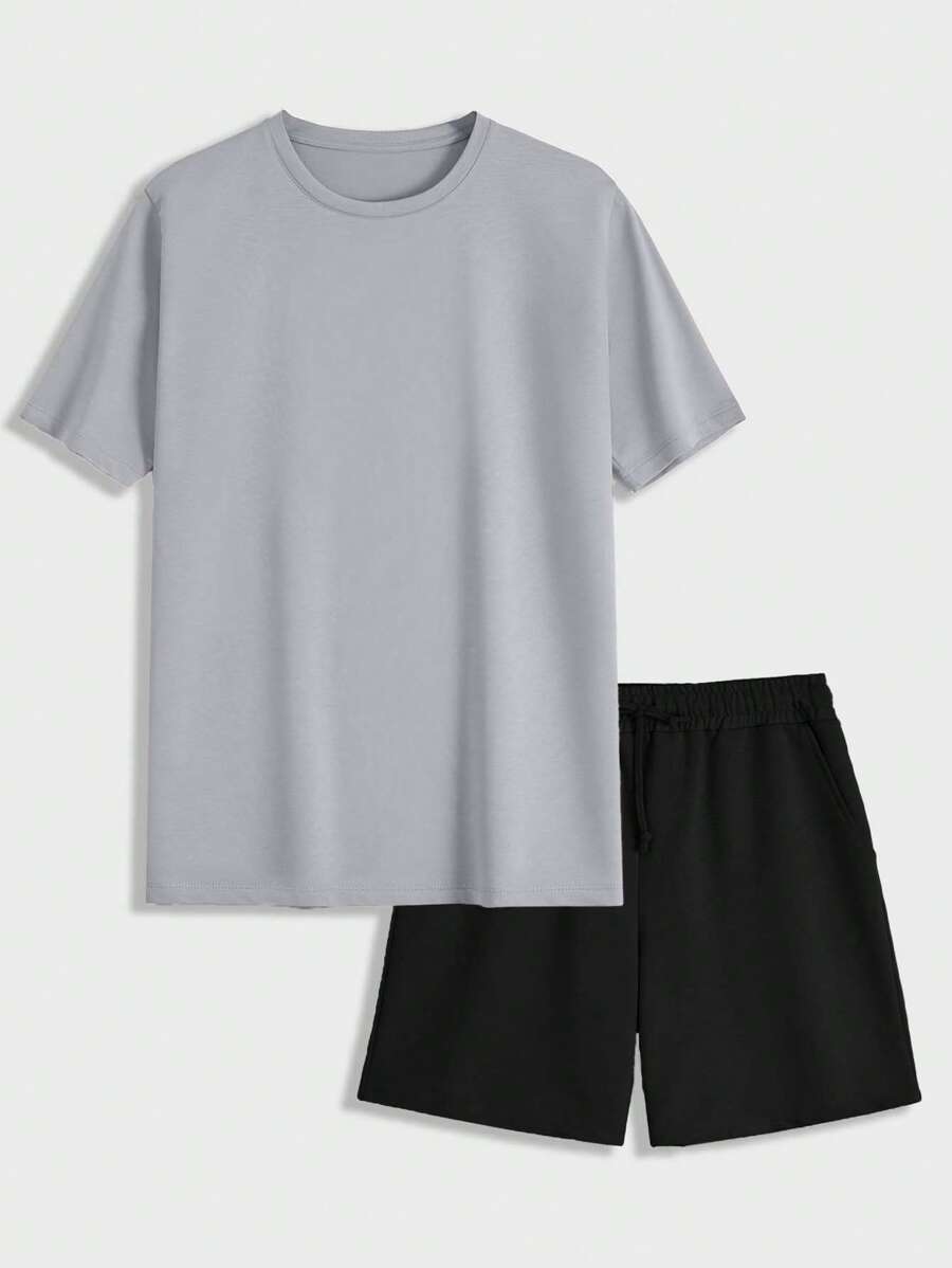 RueChic Bộ áo phông ngắn tay màu trơn và quần short cho nam, trang phục thường ngày mùa hè - Xám - Xem 1
