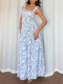 Chiquease French Elegant Pleated Flounce Floral Print Long Dress, Sleeveless V-Neck Ruffled Dress, Summer New Ladies Light Blue Gown Blue And White Floral Dress Long Dress Summer Blue And White Dress Women Women Vacation Dress