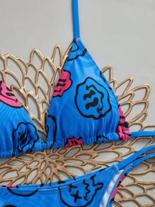 Swim EVENT 女士卡通印花露背系带性感比基尼套装，夏日海滩 - 彩色 - 查看 3
