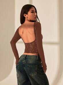 SHEIN PETITE 露背蕾丝拼接露背女式T恤上衣。适合夏季的性感约会装。 - 棕色 - 查看 6