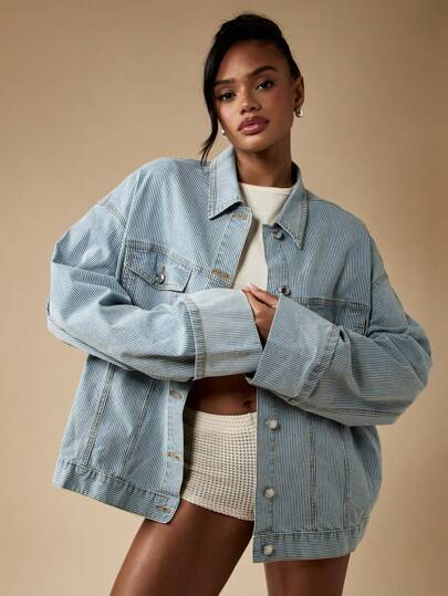 MISSGUIDED Oversized Striped Denim Trucker Jacket Vintage Style Railroad Engineer Relaxed Outerwear Long Sleeve Retro Spring Fall Fashion