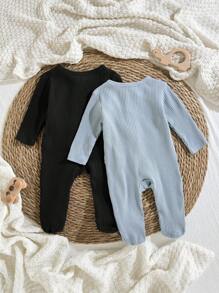 Loomiva 2pcs/Set Newborn Infant Baby Multipack Long Sleeve Solid Color Knit Soft Round Neck Long Sleeve Footed Romper & Pants Set Newborn Zipper Suit Baby Zipper Romper Fall Winter - Multicolor - View 2