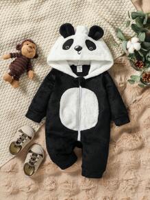 SHEIN 男嬰貓熊刺繡3D耳朵設計連帽前拉鍊法蘭絨連身褲 - 黑與白 - 查看 7