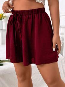 Flirla Plus Size Casual Solid Color Wide Leg Shorts, Summer - Burgundy - View 5