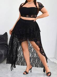 SHEIN CURVE+ Plus Size Black Lace Skirt, Minimalist & Fashionable, Bohemia Suitable For Summer Festival Raves/Concert Women Gyaru Y2k Skirt Suitable For Summer/Wedding Guest Skirt - Black - View 1