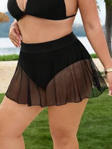 SHEIN CURVE+ Plus Size Women's Black Mesh Beach Shorts, Summer Vacation Swimwear - Black - View 5