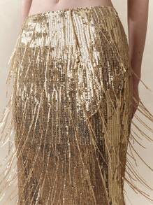 Arave 女士亮片流苏银色美人鱼裙，个性化派对，春夏优雅晚礼服，伴娘裙，宴会，节日服装女士，婚礼宾客裙女士 - 金色 - 查看 2