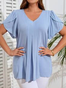 EMERY ROSE 大码女式纯色V领花瓣短袖休闲衬衫，夏季 - 薄荷藍 - 查看 4