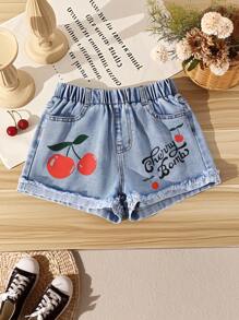 Shorts vaqueros casuales y urbanos de lavado claro con estampado de cerezas, cómodos y con cintura elástica, versátiles para el verano, para niñas preadolescentes