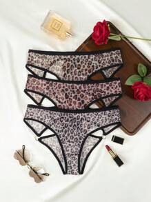 Wedaily Women's Multicolor Leopard Print Knitted Briefs 3-Pack Cut Out Design Fantasy-Elegant Style - Multicolor - View 7