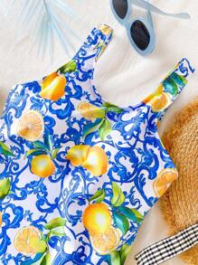 Traje de baño de una pieza con estampado de flores y limones para adolescentes/jóvenes, bañador informal para nadar y vacaciones
