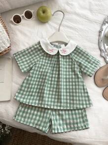 SHEIN Vintaside Kids 2件套女婴新生儿优雅公主风彼得潘领上衣+短裤套装，春夏款 - 綠色 - 查看 6