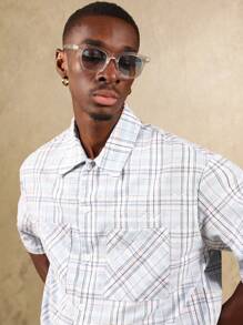 SUMWON Short Sleeve Cotton Check Shirt Button Down Vacation Summer Weekend Regular Fit Classic Western Casual Spring - Blue - View 3