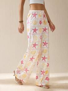 SHEIN Tall Pantaloni lunghi con stampa a stelle marine, vita bassa, adatti per l'estate in vacanza