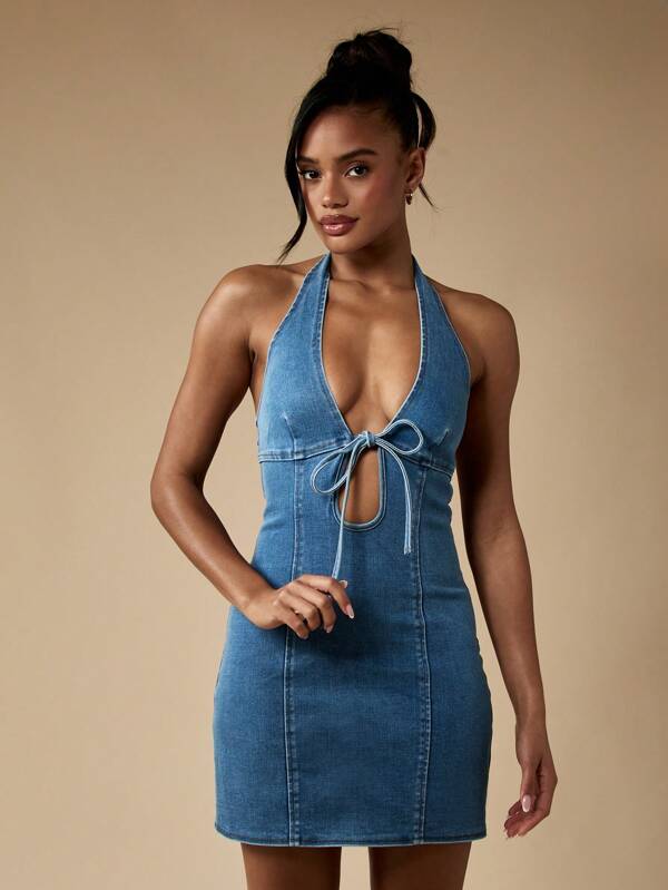 MISSGUIDED Denim Halter Neck Mini Dress With Front Keyhole Cut Out Tie Detail Summer Party Club Festival Y2K Bodycon Dress