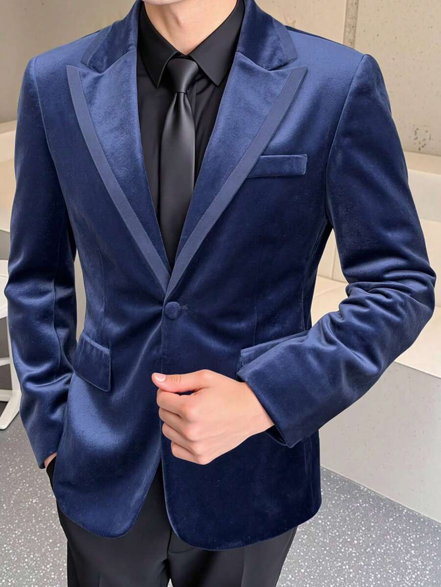 Calvornis 海军蓝天鹅绒男士商务西装外套，老钱风格 - 藏蓝色 - 查看 1