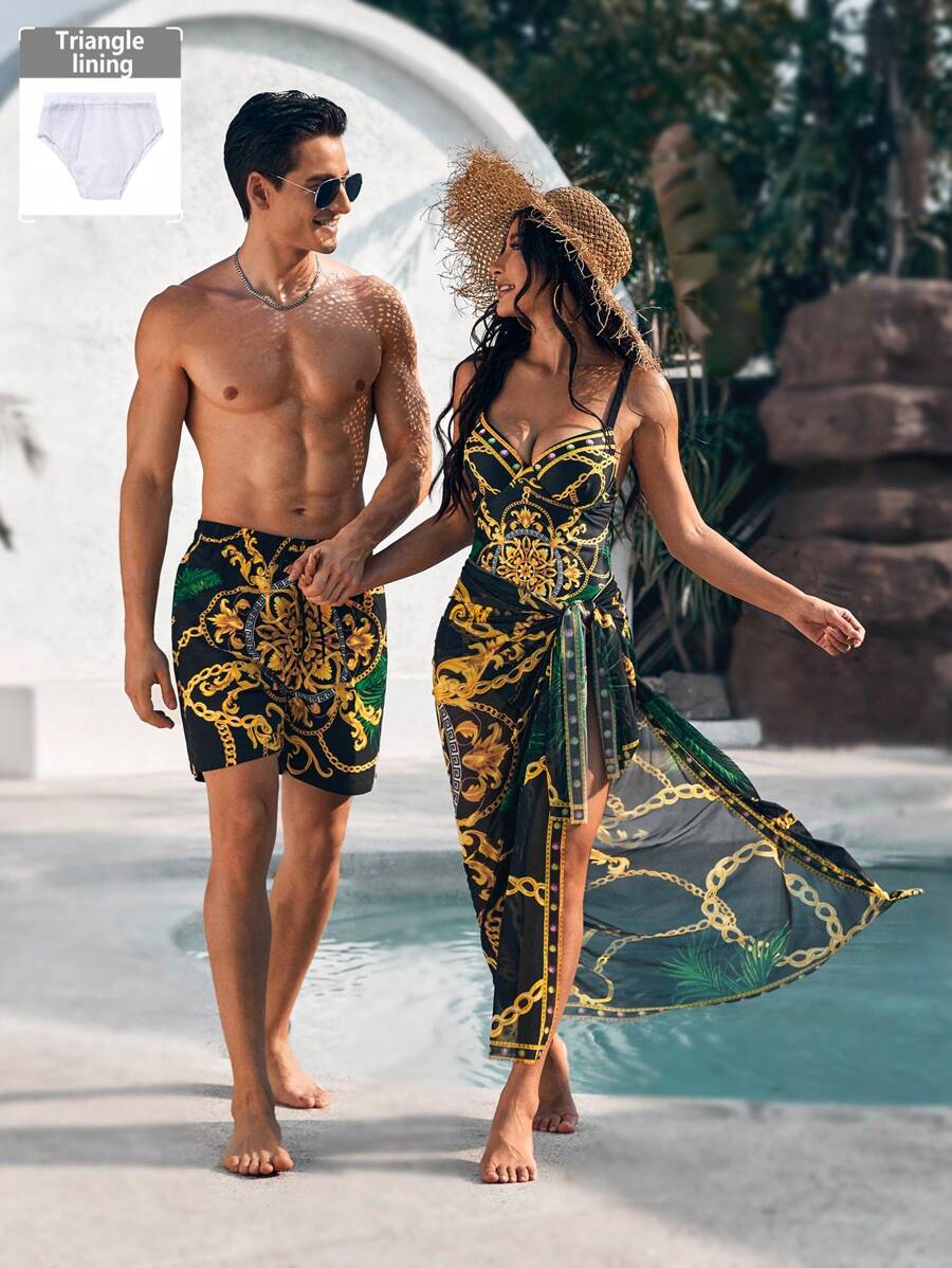 Manfinity Swimmode 男士度假休闲巴洛克印花沙滩短裤