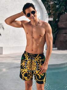 Manfinity Swimmode 男士度假休闲巴洛克印花沙滩短裤