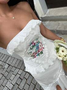 Sunnyshic Top de tirantes bordado con estampado floral elegante sin espalda