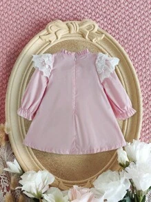 Souflis Souflis Robe de princesse élégante de style palais pour bébé fille, col et manchettes en dentelle multi-couches, col de princesse avec petit revers à broderie florale de palais, pour l'automne/hiver