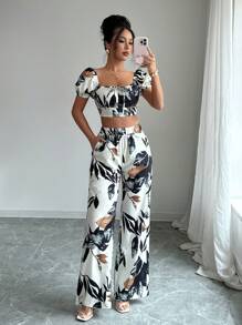 Selianne 2pcs Women Floral Print Cropped Top And Straight Leg Pants Set - Multicolor - View 1
