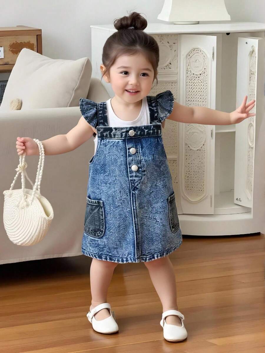 SHEIN 女婴可爱夏季休闲荷叶边肩牛仔连衣裙，春夏休闲度假 - 淺色水洗藍 - 查看 1