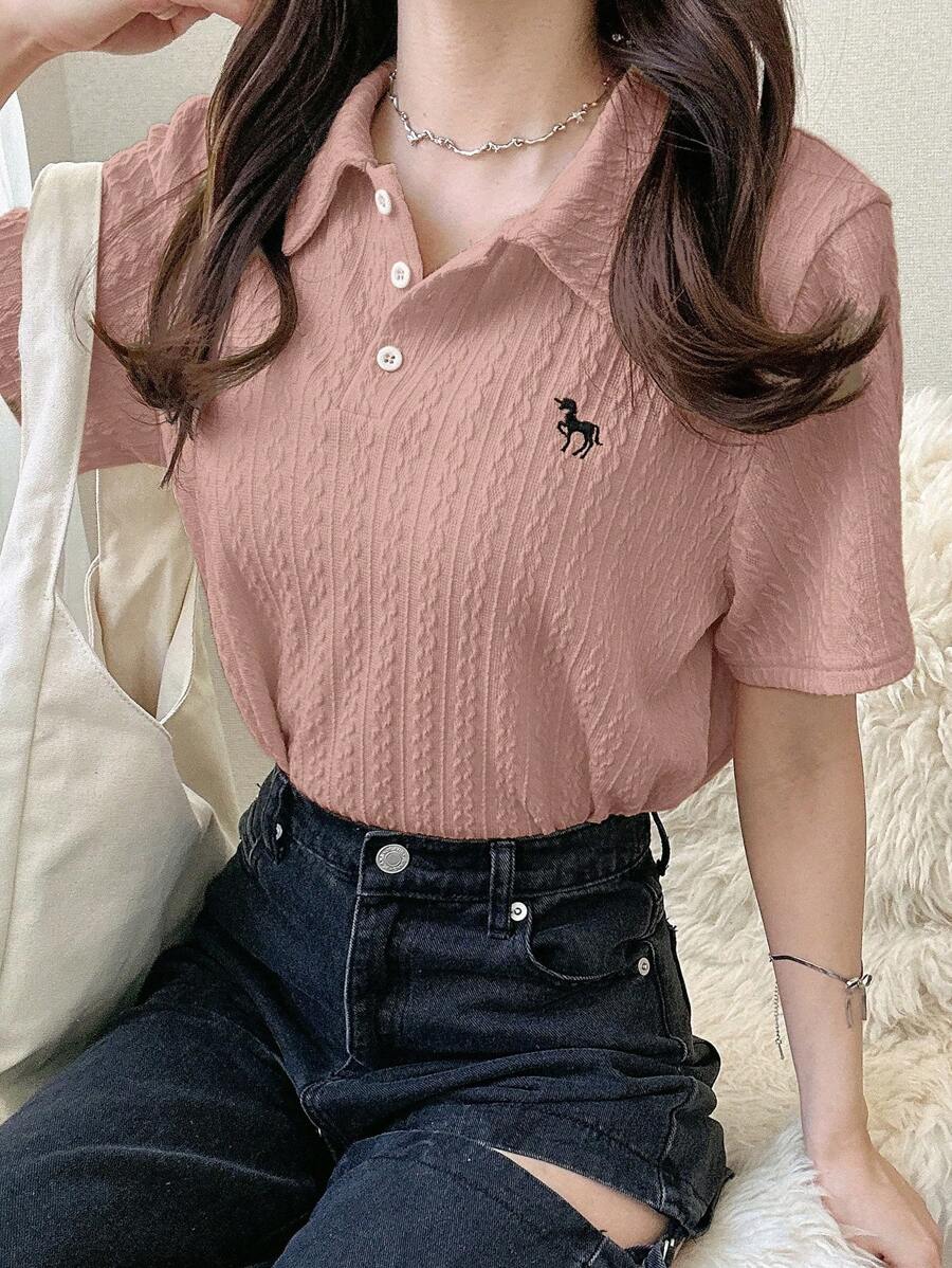 FRIFUL Women's Apricot Basic Polo Collar Embroidered T-Shirt, Turndown Collar Short Sleeve Summer Wear - Pink - View 1
