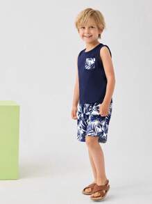 SHEIN Young Boy Tropical Print Patched Pocket Tank Top & Shorts - Navy Blue - View 3