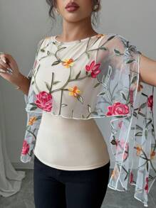 Elenzga Blusa feminina de verão com manga curta e fenda aberta bordada em malha, tecido trançado, versátil, caimento solto, estilo elegante - Multicolorido - Ver 6