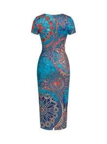 Ellevyn Women's Elegant Printed Bodycon Short Sleeve Midi Dress - Teal Blue - View 2