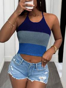 Slaydiva Suéter de punto con cuello halter sin espalda y parches de colores contrastantes para mujer - Azul - View 7