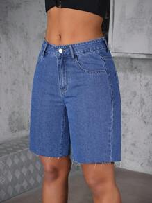 SHEIN ICON 女士夏季休闲水洗牛仔短裤 - 中等水洗藍 - 查看 2