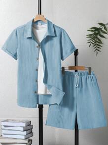 Teen Boy Short Sleeve Solid Color Single-Breasted Top And Shorts Casual 2 Pieces Set, School, Campus, College - Baby Blue - View 3