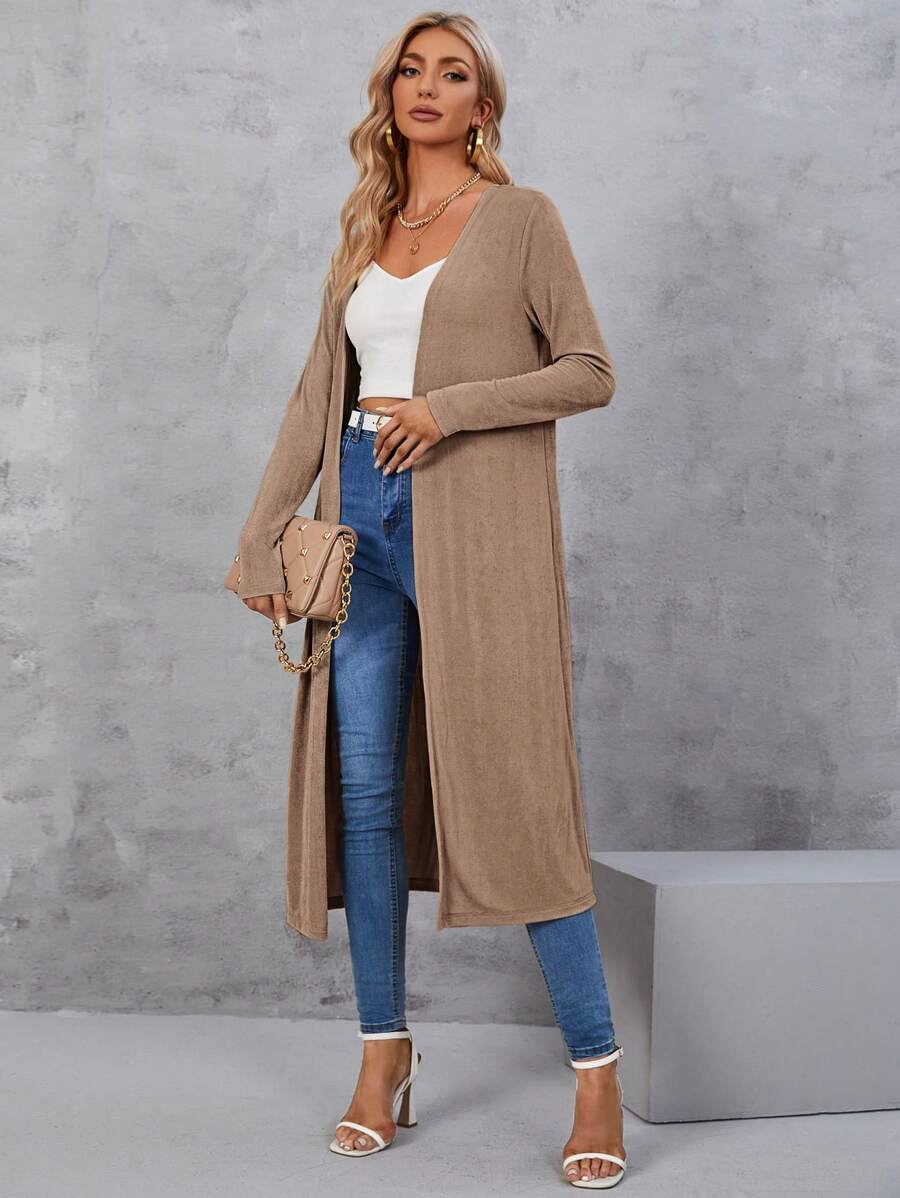 BizChic Women's Autumn Cardigan, Long Open Front Knitted Sweater Coat, Casual Office Business Wear, Basic Style Long Cardigan For Women - Khaki - View 1