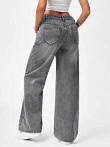 Jeanoix Women's Loose Fit Pocketed Wide Leg Casual Jeans Y2k - Grey - View 2
