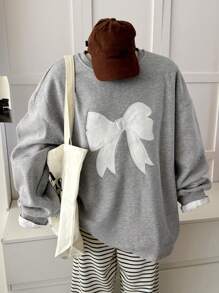 DAZY 女式刺绣蝴蝶结圆领羊毛衫（秋冬款） - 灰色 - 查看 8