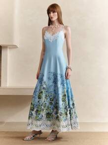 SHEIN LUNE Women's Light Blue Floral Lace Patchwork Backless Camisole Dress,Elegant Summer Resort Style,Graduation Party,Vacation,Sun,Formal&Birthday Dresses - Blue - View 3