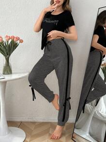 DUSKBASE 2pcs Color Block Print Fitted Short Sleeve Top And Bow Decor Pants Pajama Set - Dark Grey - View 5