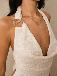 Poéselle Weißes Spitzenkleid, Maxikleid, schwingender Ausschnitt, Metallknopfverzierung, Teeparty-Kleid, Abschlusskleid, weißes Abschlusskleid, Strandurlaubs-Outfits, einfarbiges, extra langes rückenfreies Jacquard-Kleid für Damen, geeignet zum Ausgehen, für den Alltag, den Urlaub, Verabredungen, zum Pendeln und für andere Anlässe, Poeselle