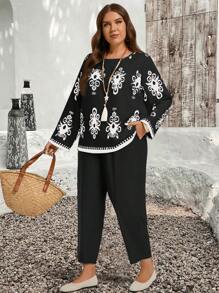 SHEIN PETITE CURVE Bộ 2 món cỡ lớn - Áo sơ mi và quần in họa tiết toàn thân, Bộ trang phục ngày lễ thường ngày Áo cánh và quần Bộ trang phục ngày lễ cho nữ Bộ trang phục ngày lễ 2 món Bộ thường ngày Áo cánh Boho cho nữ Áo cánh tay đèn lồng, Quần áo mùa thu cho nữ - màu đen - Xem 4