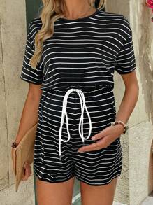 SHEIN Loose Casual Striped Short Sleeve Maternity Jumpsuits - Black - View 6