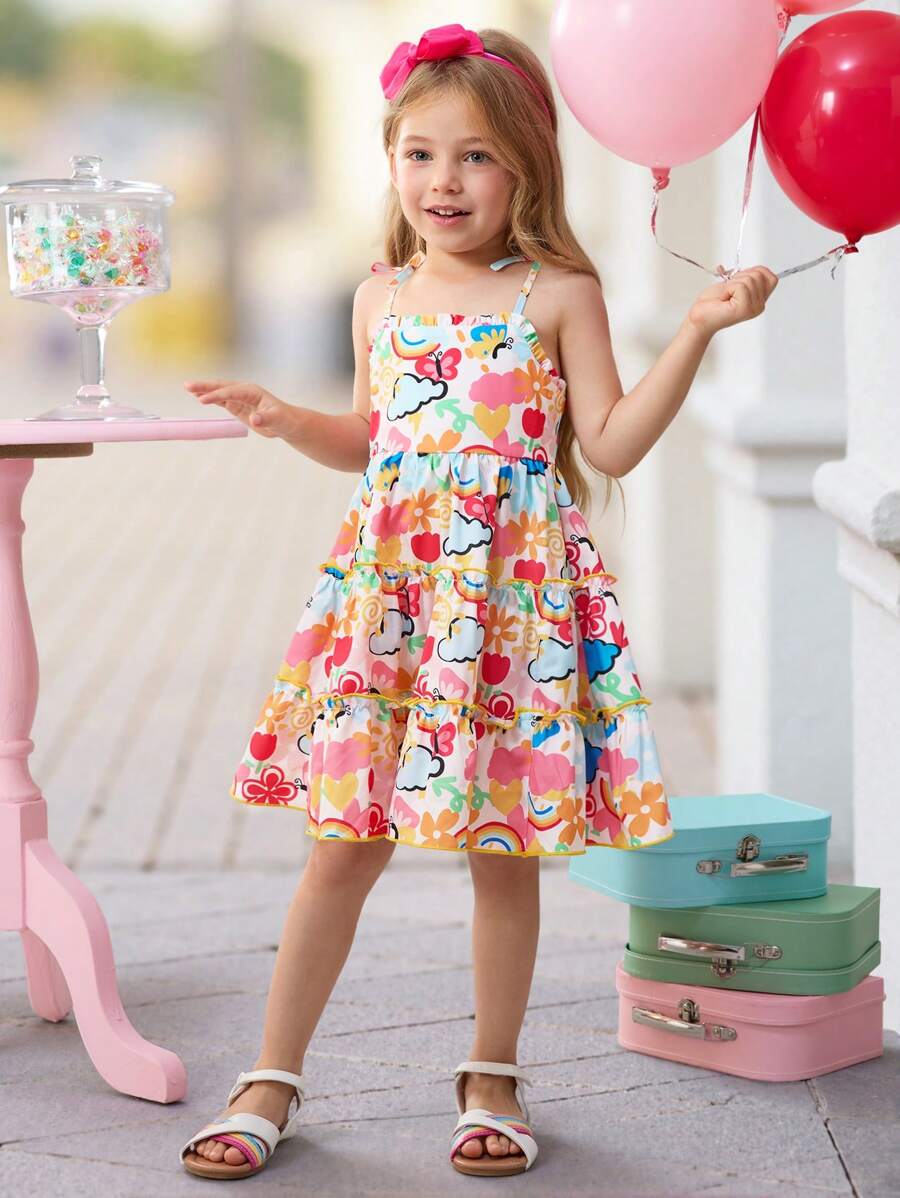 SHEIN Váy chữ A dây mảnh họa tiết hoạt hình đơn giản thoải mái cho bé gái - trắng - Xem 1
