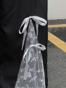 SHEIN MOOSTA Plus Size Women's Black Casual Lace Patchwork Tie-Up Straight Leg Pants Fall Cloth For Women