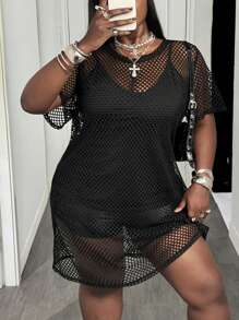 SHEIN CURVE+ 加纯色渔网裙（不含吊带裙/图案T恤）